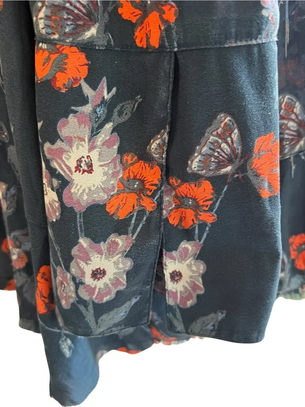 Free People Black Floral Tie-Neck Blouse with Orange Accents